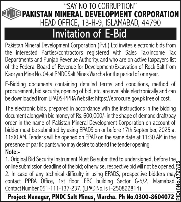 Pakistan Mineral Development Corporation Islamabad Tender Notice